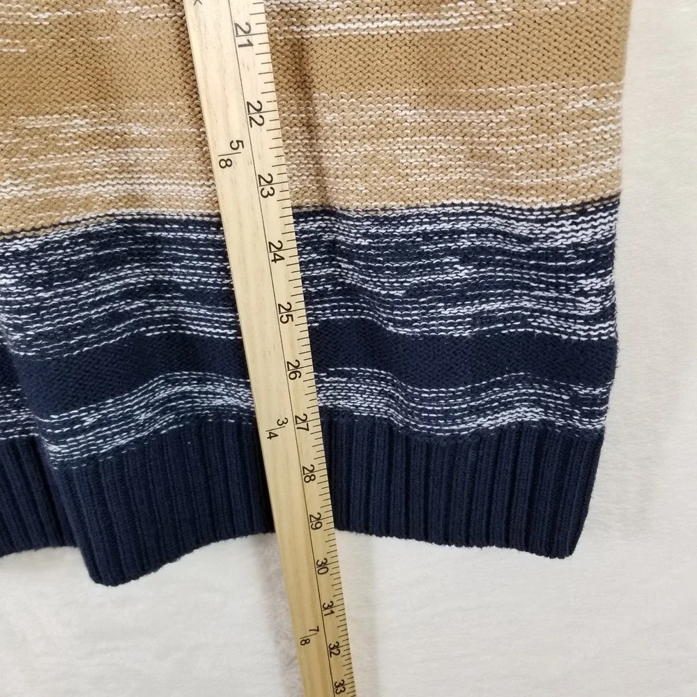 GUESS Los Angeles Mens Large Striped Crewneck Sweater Navy‎ Blue Tan Knit L